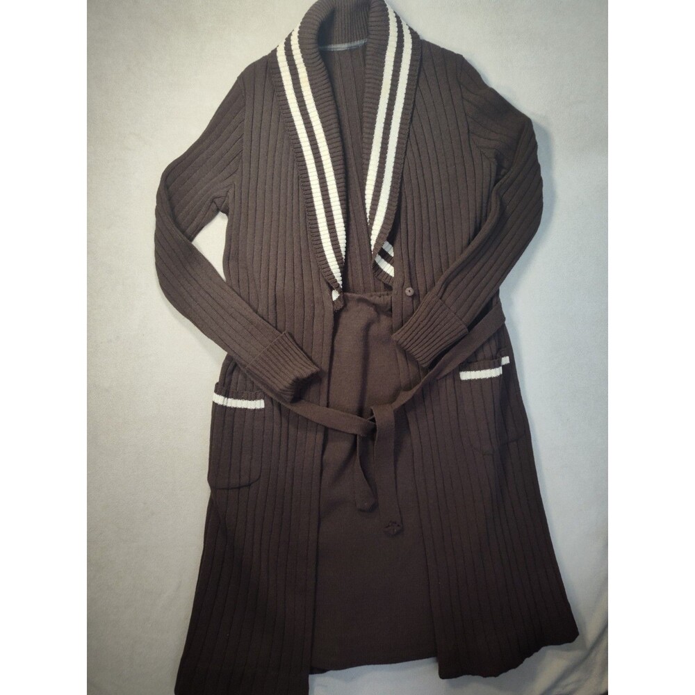 Vintage 1970s Knit Duster Skirt Cardigan Sweater Belted Varsity Collegiate Set
